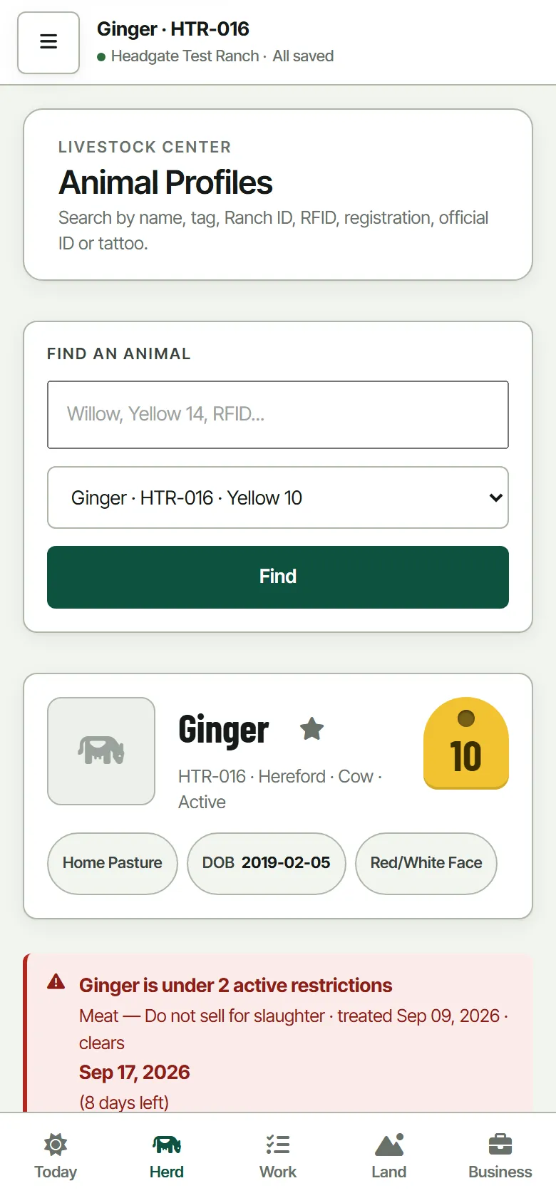 Ginger's page on a phone, with the tag chip, her details and
                    the restriction warning stacked in one column.