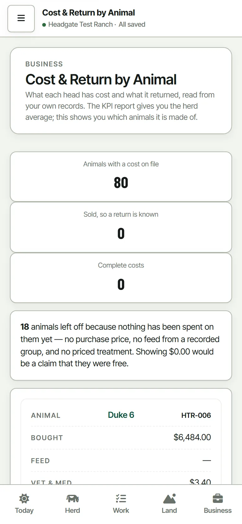 Cost and return on a phone, one card per animal with the
                    purchase price, the running cost, and what is still
                    missing.