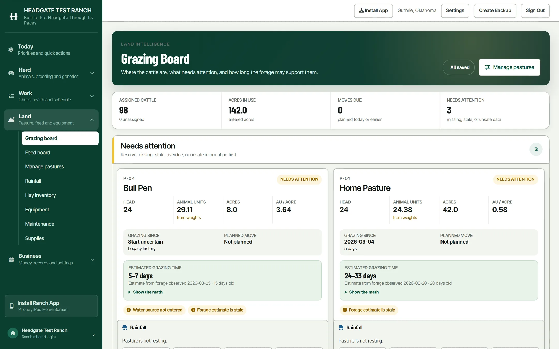 The grazing board: 98 assigned cattle, 142 acres in use, 0
                  moves due, 3 needing attention, then pasture cards showing head,
                  animal units from weights, acres, animal units per acre, how
                  long they have been grazing and an estimated grazing time with
                  a Show the math control.