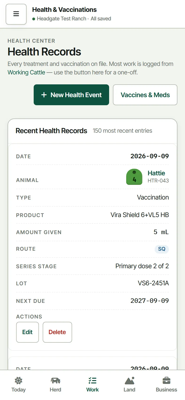 The same health records on a phone, one card per treatment
                  with the animal, product, amount and lot stacked.