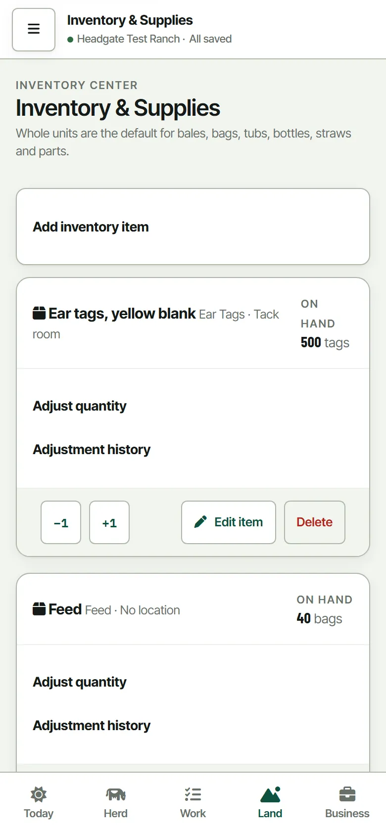 Inventory on a phone: one card per item with the quantity on
                  hand and plus and minus buttons for a quick count.