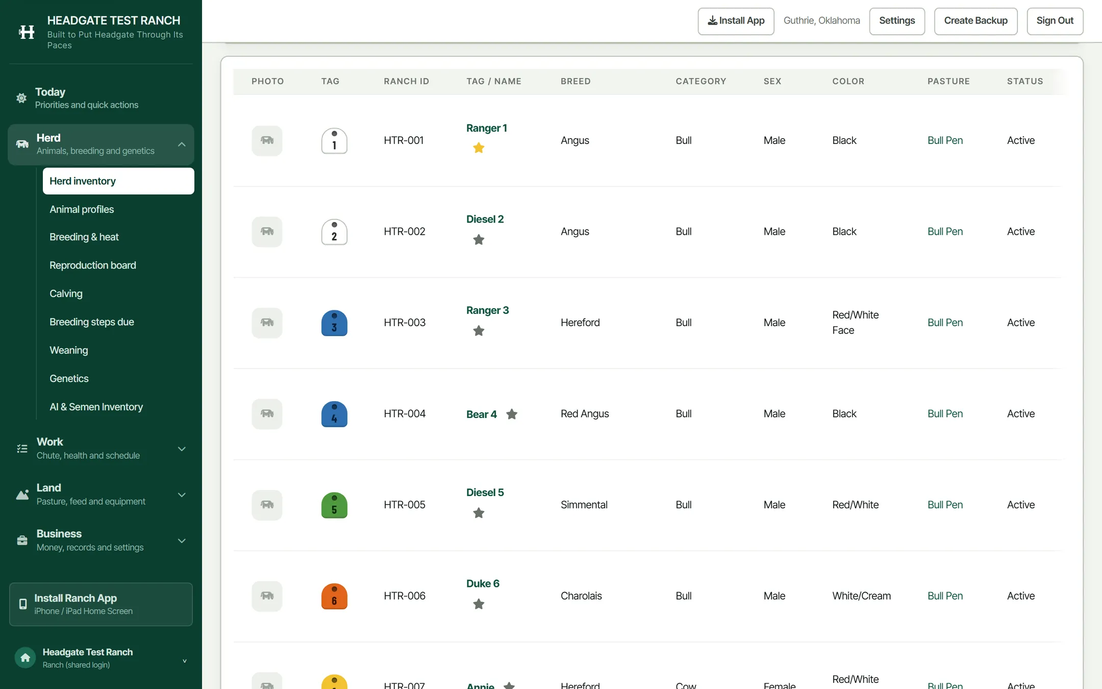 The herd inventory table: 98 in the current herd, 0 sold,
                  2 deceased, 0 archived, then a row per animal with its ear tag
                  chip, ranch ID, name, breed, category, sex, colour, pasture and
                  status.