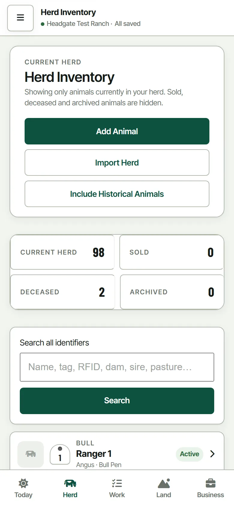 The same herd list on a phone, where each row becomes a card
                  with the tag chip, name and ranch ID stacked so nothing scrolls
                  sideways.