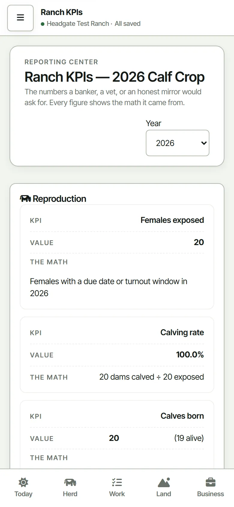 The KPI report on a phone, with each figure and its arithmetic
                  stacked in a card.