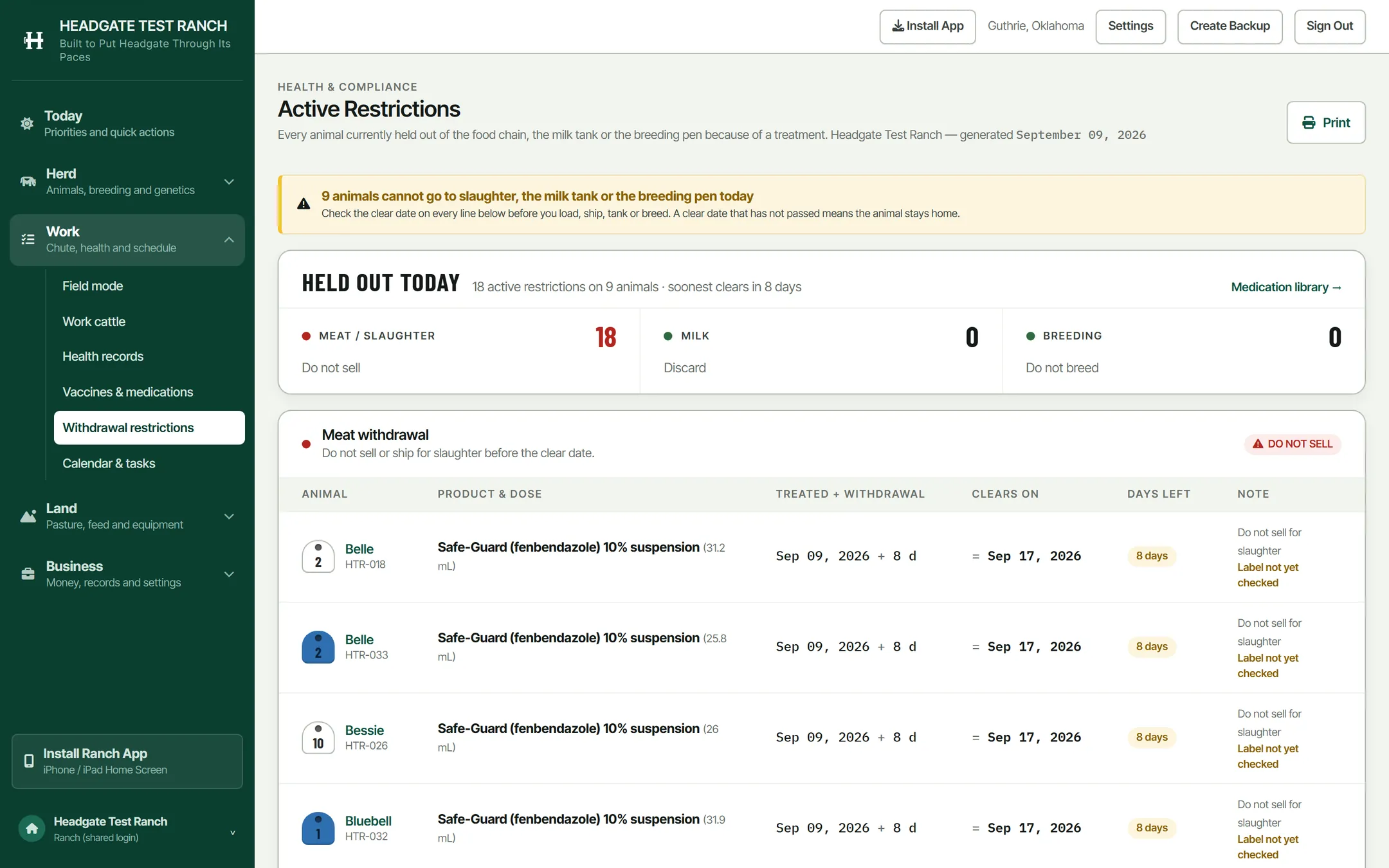The active restrictions page, generated for the ranch and
                  dated, with a print button and a section for expired or
                  expiring products.