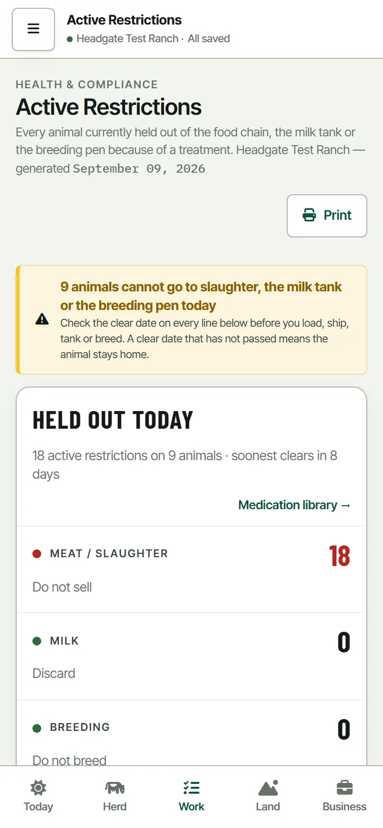 The restrictions board on a phone, one card per animal with
                    the product, the treatment date and the day the hold
                    clears.