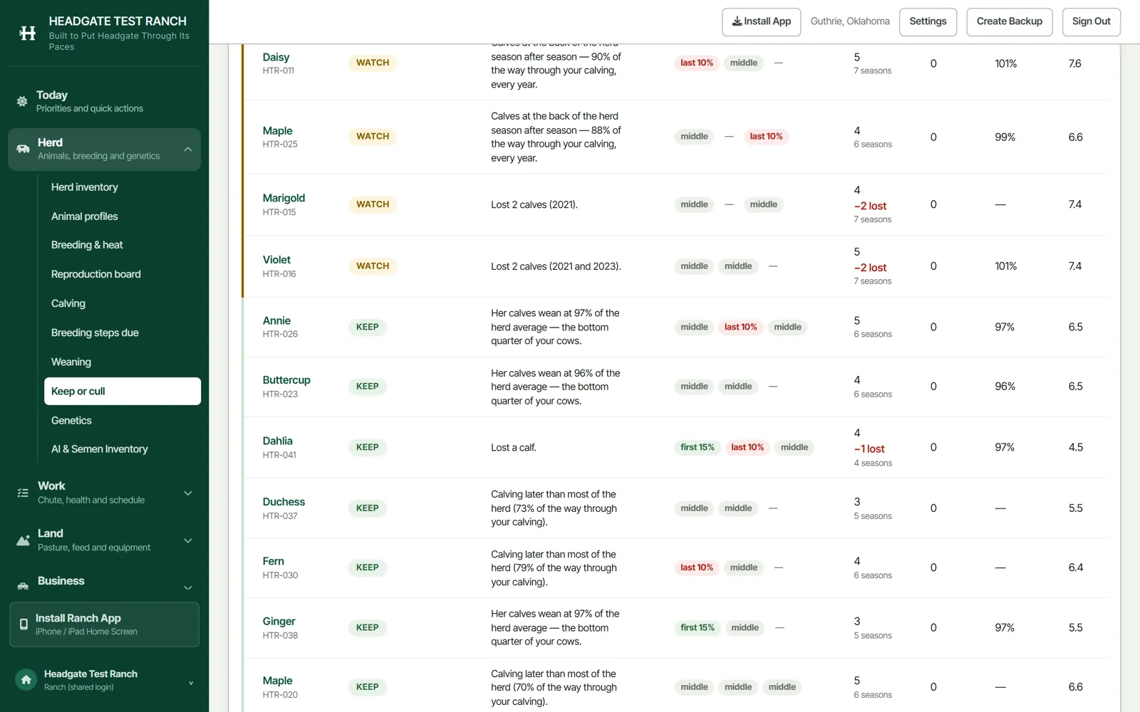 Headgate Test Ranch keep-or-cull list with watch and keep verdicts, written reasons and calving-order chips.