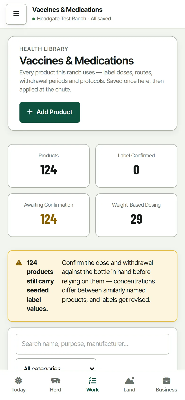 The product library on a phone, one card per product with its
                    dose, route and withdrawal period.